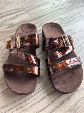Vionic Brown Tortoiseshell Strap Slide Sandals